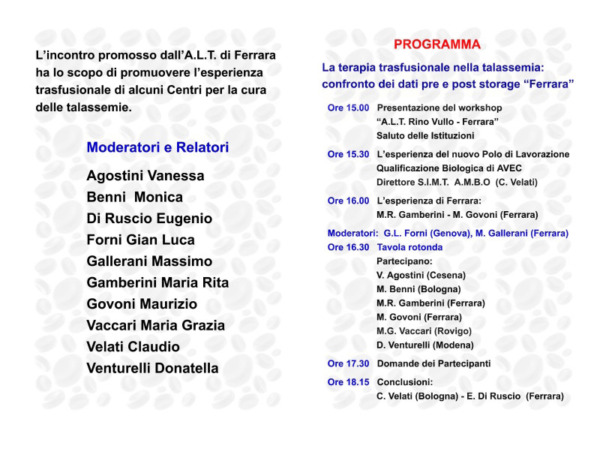 La terapia trasfusionale nella Talassemia - Cona, 17 giugno 2016 - Programma