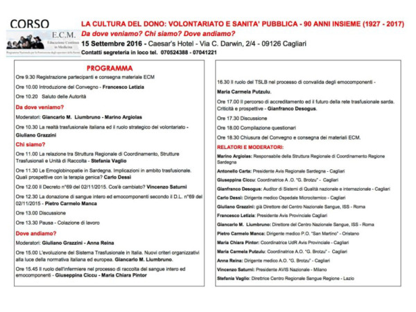 Convegno AVIS: La Cultura del Dono - Cagliari, 15 settembre 2016 - Programma