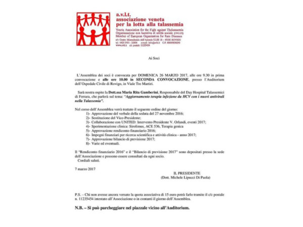 Assemblea A.V.L.T. - Rovigo, 26 marzo 2017 - Lettera ai Soci