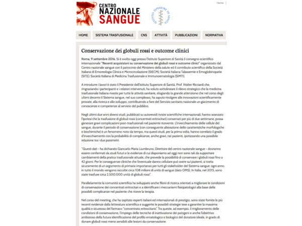 Recenti acquisizioni su conservazione dei globuli rossi e outcome clinici - Roma, 9 settembre 2016 - Articolo del CNS